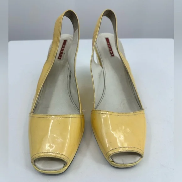 Prada Leather Slingback Sandals Wedge Heel Pale Yellow Peep Toe Womens 40 - Picture 2 of 9